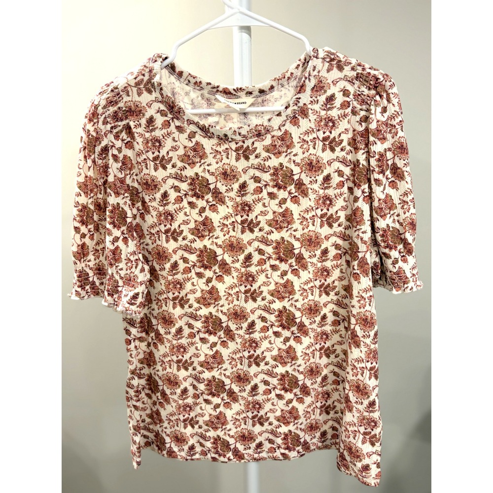 Boho Cottage Cozy Gradma Pointelle Knit Floral Puff Sleeve Top XL Cream Rust